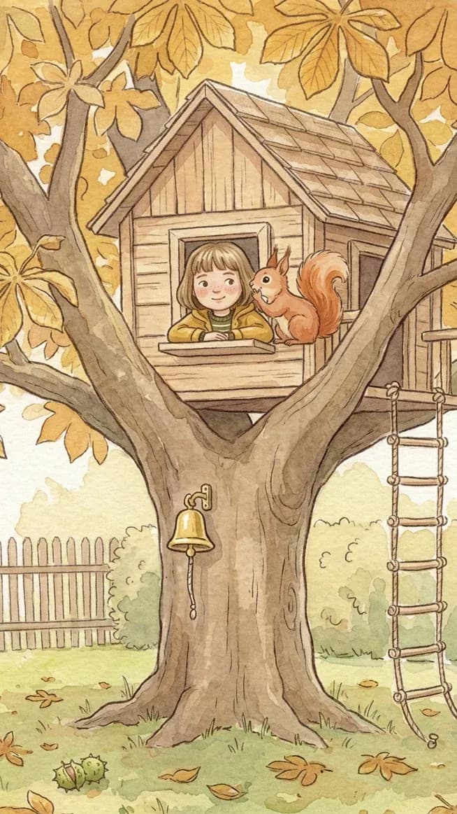 Illustration from the series: a child leans out of a treehouse window in an old chestnut tree, with a red squirrel on the sill and a bell hanging on the trunk below.