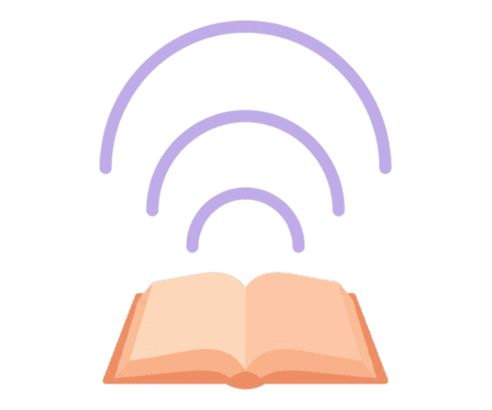 Open book with three arching sound waves rising above the pages