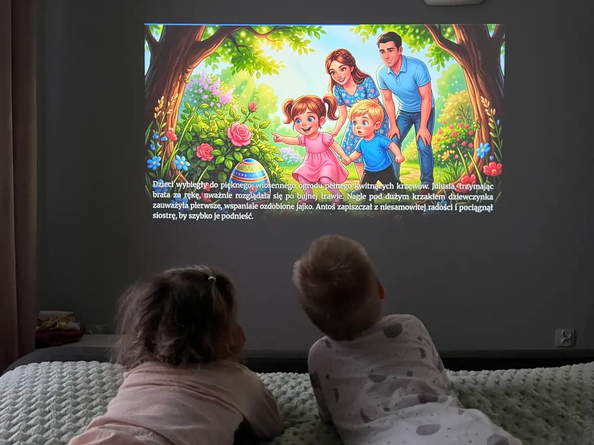Family reading an illustrated Easter story